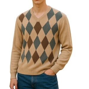 Banana Republic Merino Wool Argyle V-Neck Sweater Men’s XL Tan Blue